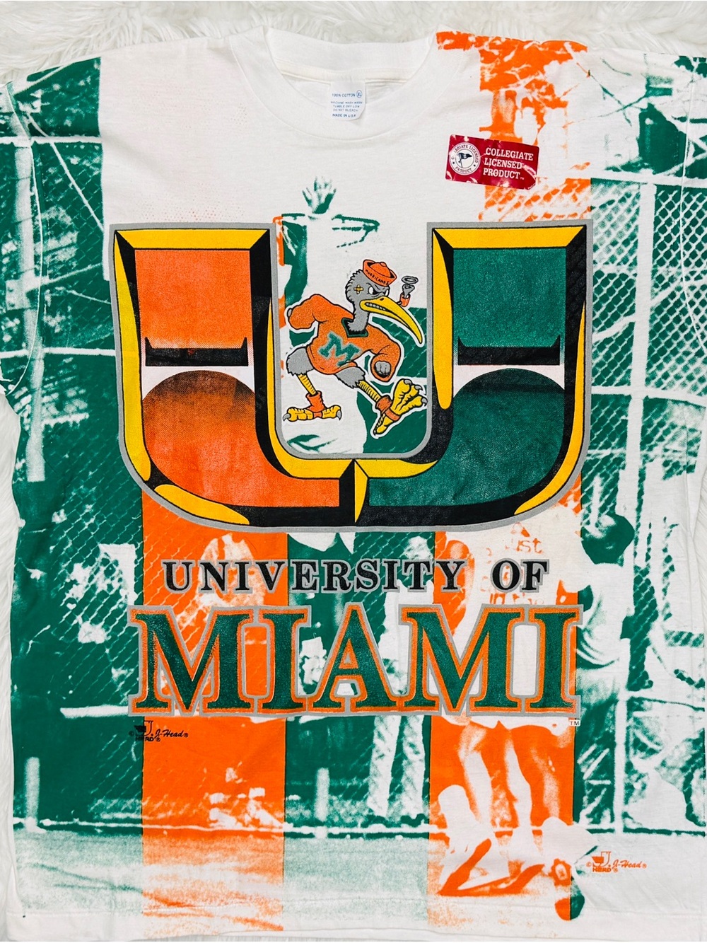 Vintage 90s University of Miami Hurricanes AOP T Shirt - XL RARE Single Stitch